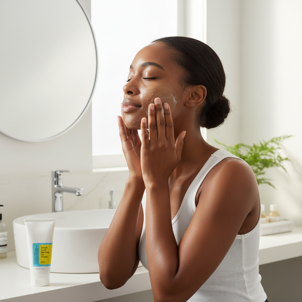Black female model washing her face with COSRX Low pH Good Morning Gel Cleanser gel foam, gentle morning cleansing routine, bright bathroom setting, Korean beauty
