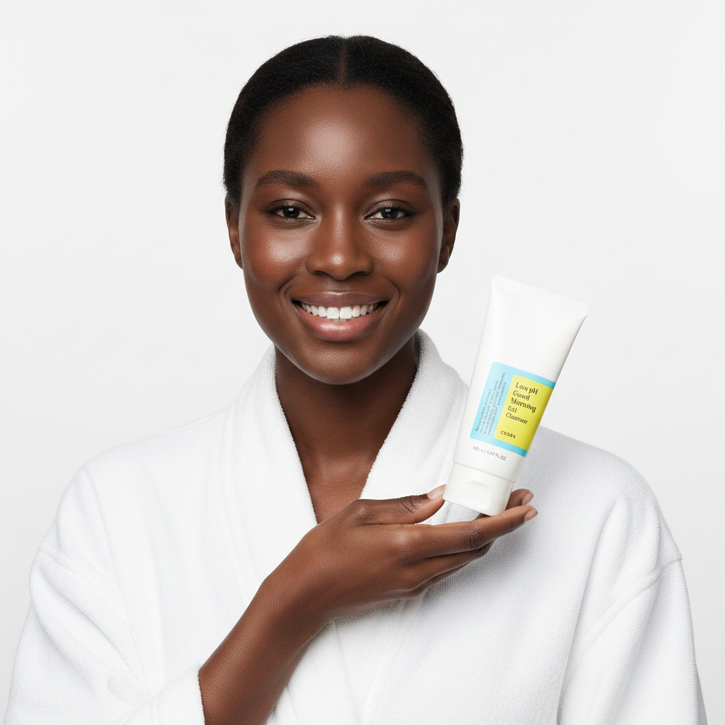 Black female model holding COSRX Low pH Good Morning Gel Cleanser 150ml with both hands, looking directly at camera with a bright smile, Korean skincare product lifestyle
