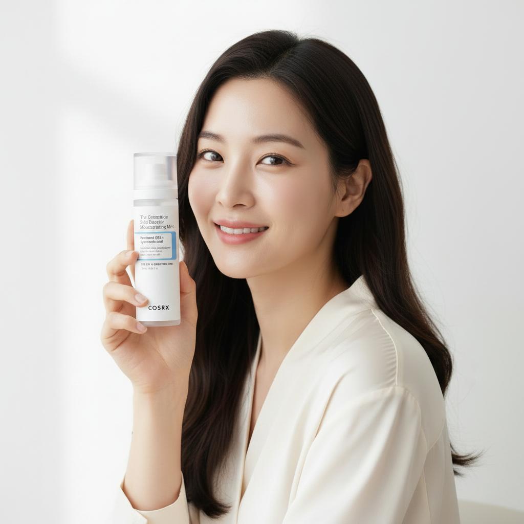 COSRX The Ceramide Skin Barrier Moisturizing Mist 120ml – Korean model holding ceramide moisturizing mist for skin barrier repair and all-day hydration
