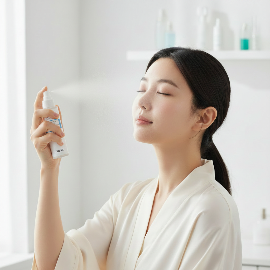 COSRX The Ceramide Skin Barrier Moisturizing Mist 120ml – Korean model spraying ceramide moisturizing mist for instant skin barrier repair and deep hydration

