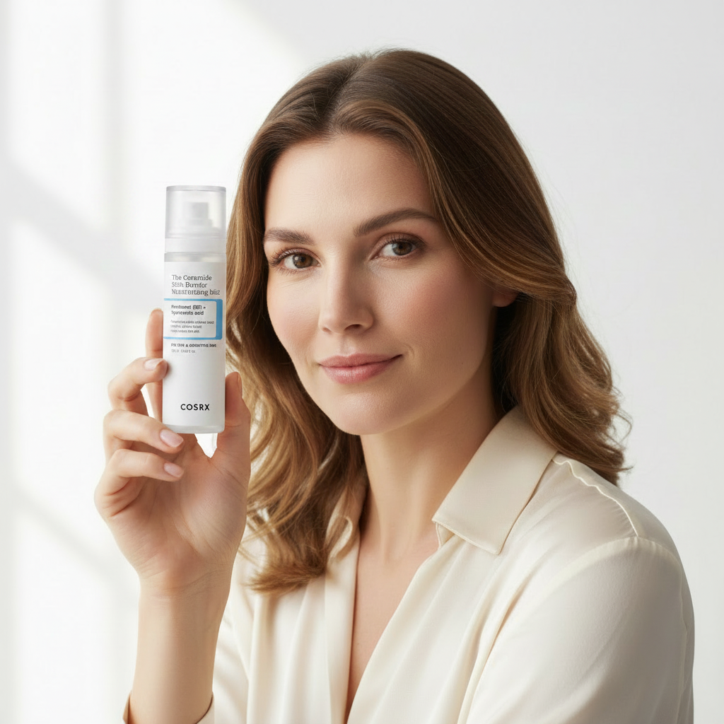 COSRX The Ceramide Skin Barrier Moisturizing Mist 120ml – Western model holding ceramide mist for instant hydration and skin barrier moisturizing routine
