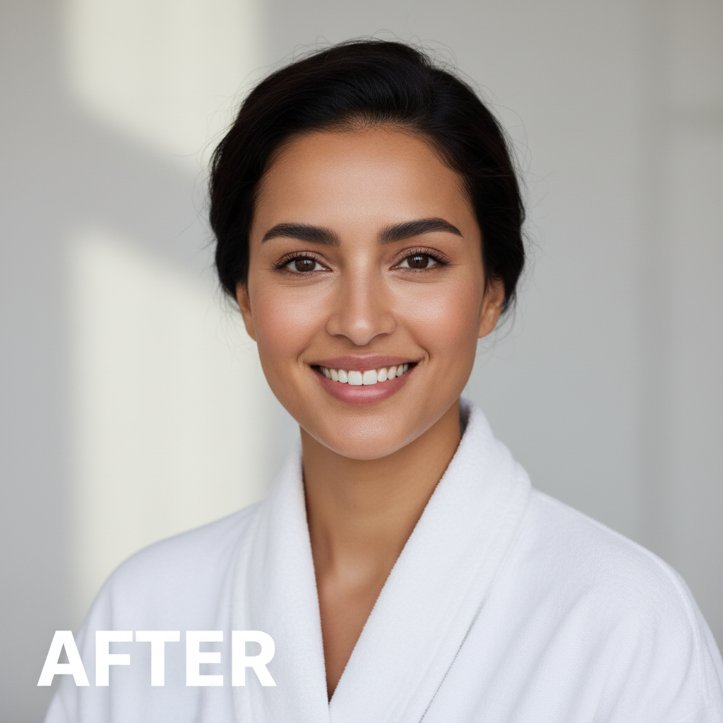 Middle Eastern female model after using COSRX Low pH Good Morning Gel Cleanser - radiant, fresh and deeply cleansed skin with a healthy balanced glow, Korean beauty

