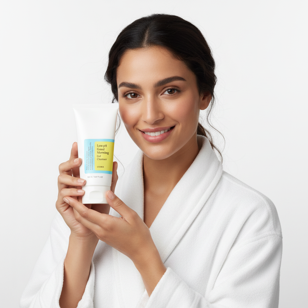 Middle Eastern female model with warm olive skin holding COSRX Low pH Good Morning Gel Cleanser 150ml tube, smiling naturally at camera, Korean skincare lifestyle shot
