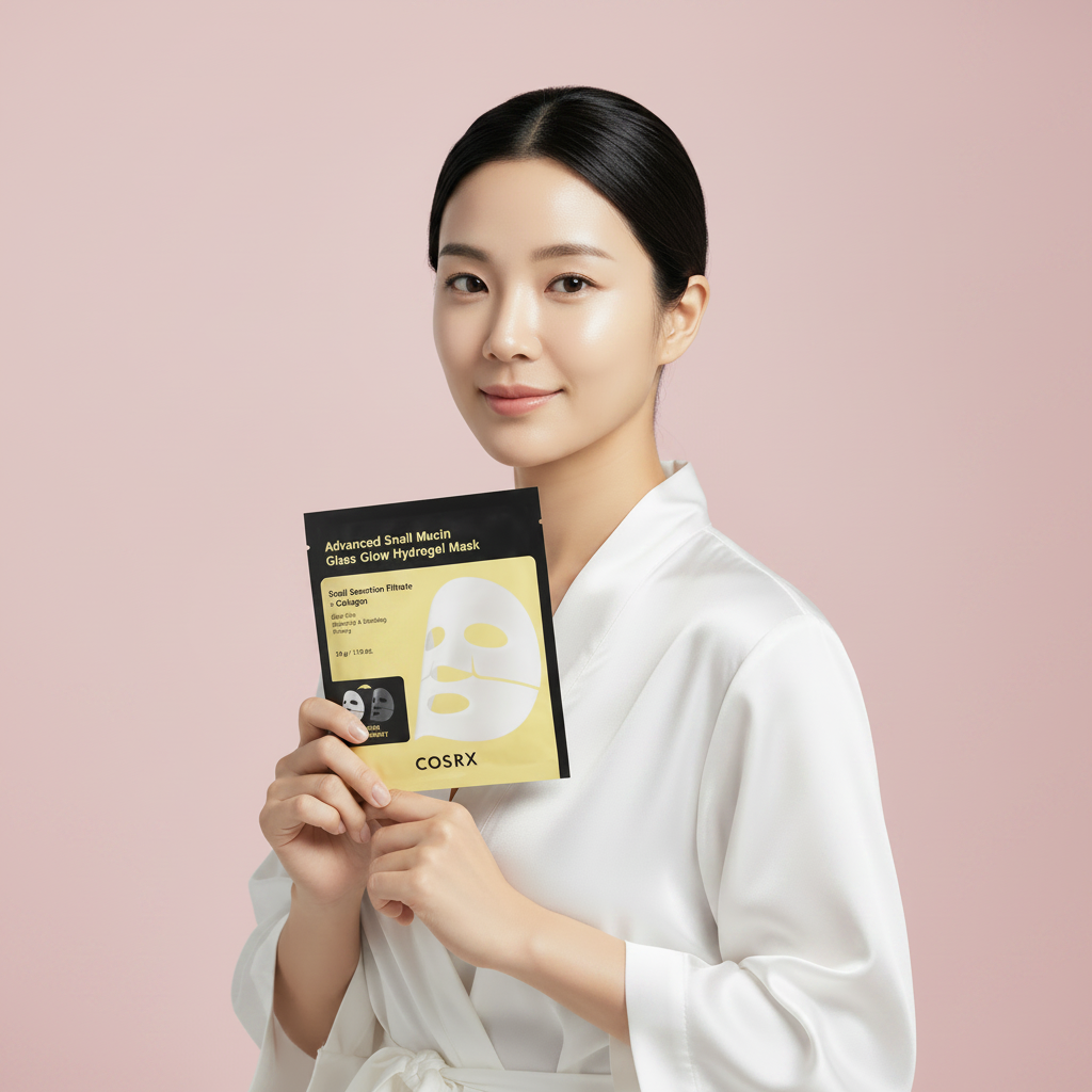 COSRX Advanced Snail Mucin Glass Glow Hydrogel Mask – Korean model holding hydrogel mask package for glass skin and snail mucin K-beauty skincare
