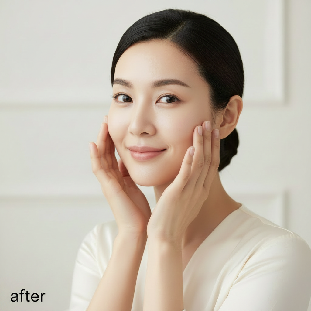 COSRX Advanced Snail Peptide Eye Cream 25ml – Korean model AFTER with luminous glass skin and visibly reduced dark circles after snail peptide eye cream use
