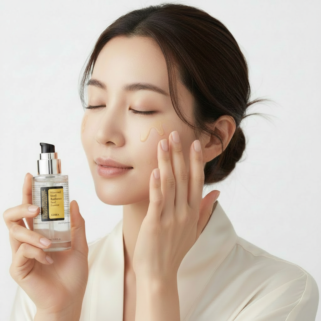 COSRX Advanced Snail Radiance Dual Essence 80ml – Korean model applying essence to face BEFORE treatment for skin barrier repair and hydration
