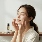 COSRX Advanced Snail Radiance Dual Essence 80ml – Korean model pressing essence onto skin BEFORE with bottle on vanity shelf in background
