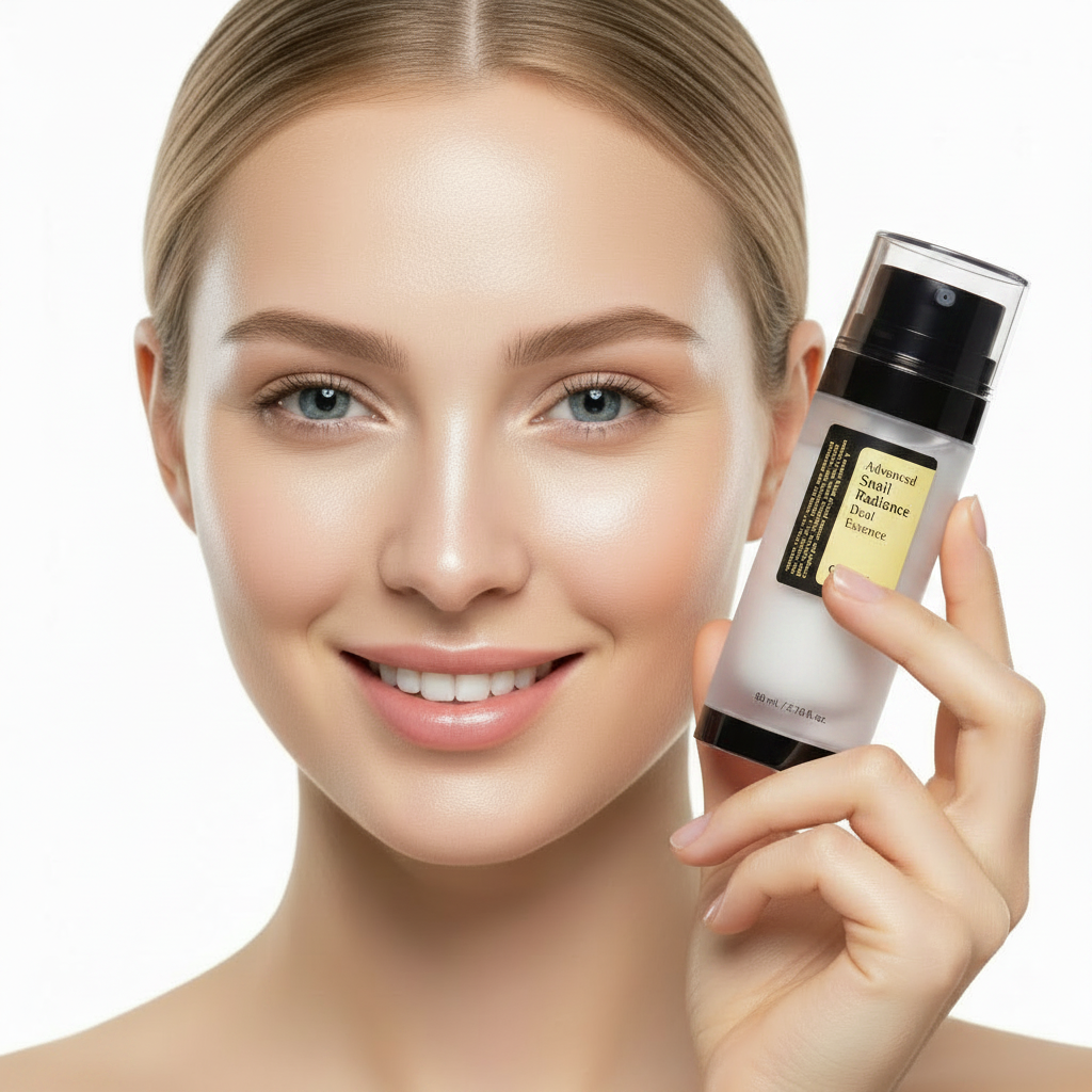 COSRX Advanced Snail Radiance Dual Essence 80ml – Western model holding bottle next to face for glowing radiant skin
