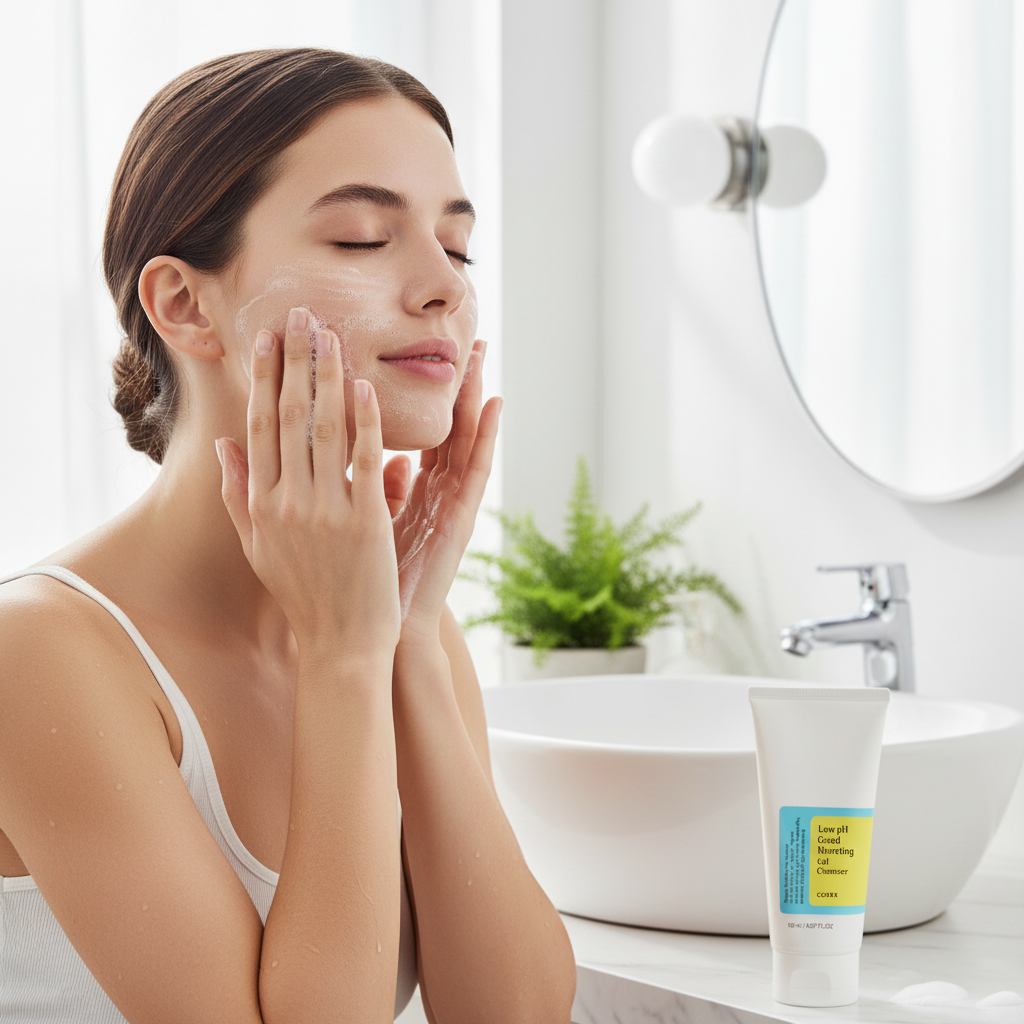 Western female model gently cleansing her face with COSRX Low pH Good Morning Gel Cleanser, soft foam lather, relaxed morning skincare routine, Korean beauty lifestyle
