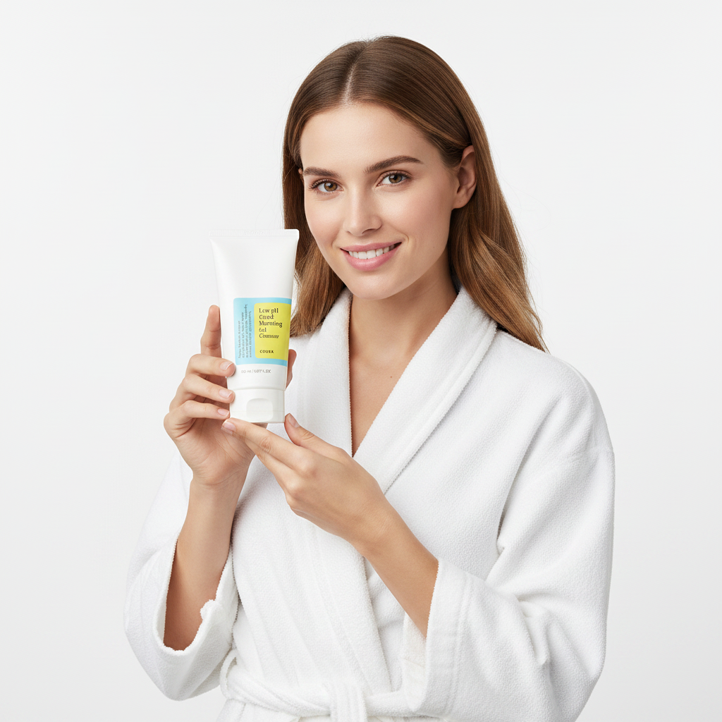 Western female model in white robe holding COSRX Low pH Good Morning Gel Cleanser 150ml tube with blue and yellow label, smiling confidently, Korean skincare lifestyle

