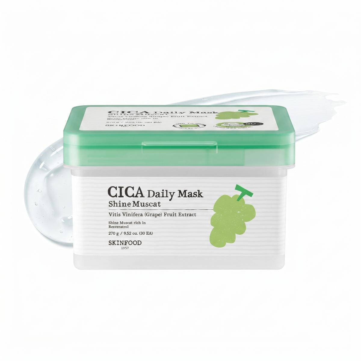 SKINFOOD Shine Muscat Cica Daily Mask 30 Sheets transparent container with green lid — Glow Ritual
