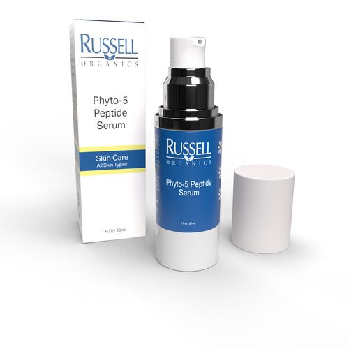 Russell Organics Phyto-5 Peptide Serum 30ml — white pump bottle with blue label, silver ring and white cap, with packaging box
