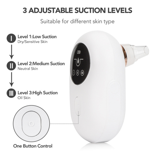 3 Adjustable Suction Levels - Low for Dry Skin, Medium for Neutral Skin, High for Oily Skin with One Button Control
