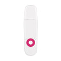 White ultrasonic skin scrubber with hot pink circular button and white center dot, slim oval body, dust cap removed showing spatula head, product shot on white background
