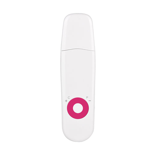 White ultrasonic skin scrubber with hot pink circular button and white center dot, slim oval body, dust cap removed showing spatula head, product shot on white background
