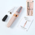 Pink electric pedicure callus remover pen with coarse roller head, USB cable, retail box and instruction manual – full set flat lay

