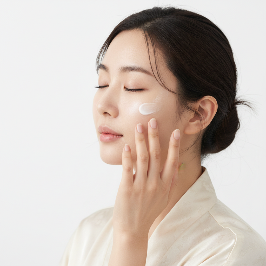 Beauty of Joseon Dynasty Cream – Elegant Asian woman patting moisturizing cream onto cheek, premium Korean skincare routine
