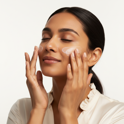Beauty of Joseon Dynasty Cream – Indian woman gently applying moisturizing cream to cheeks, premium Korean skincare daily routine
