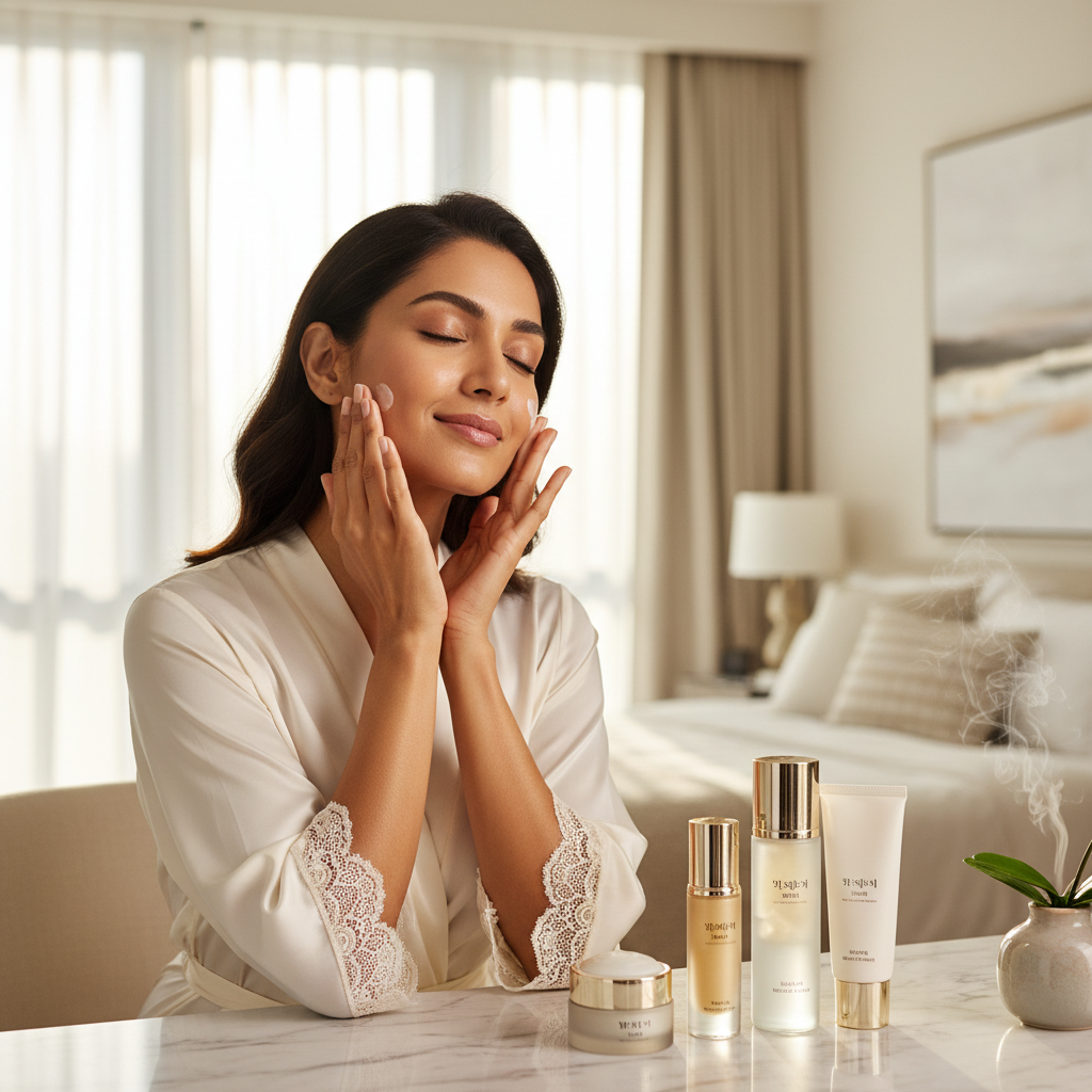 Beauty of Joseon Dynasty Cream – Indian woman pressing cream into skin during morning skincare routine, luxury Korean beauty lifestyle
