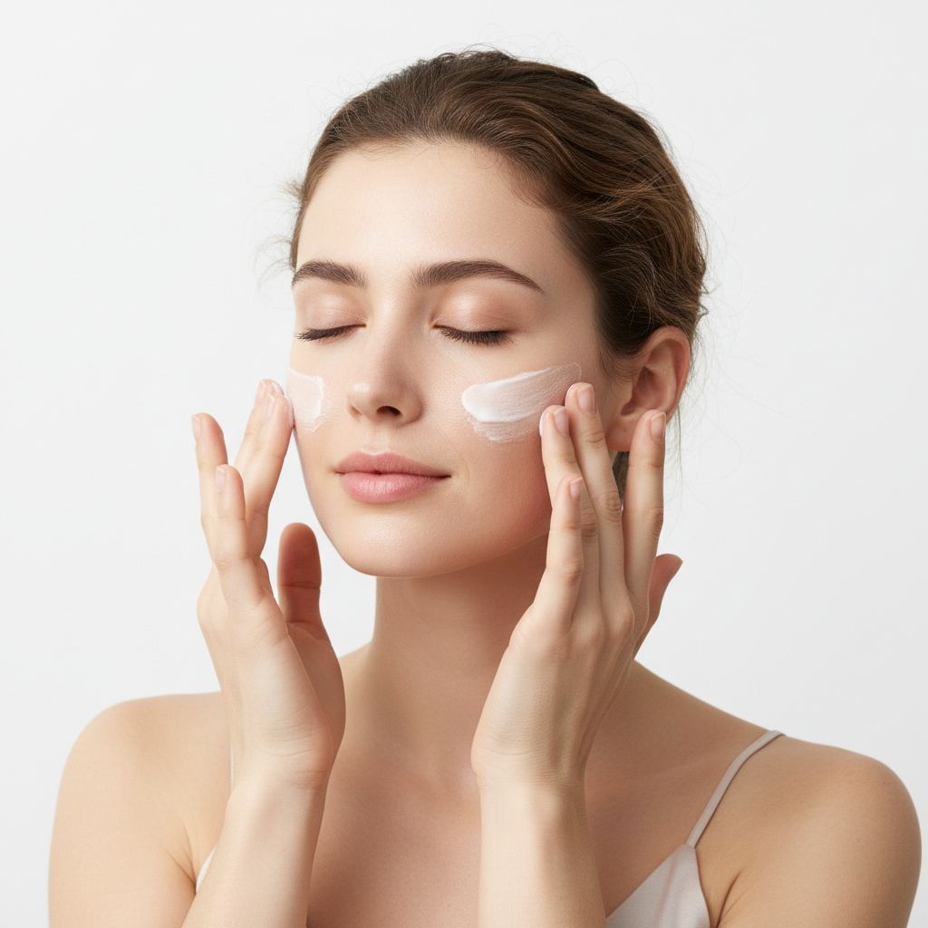 Beauty of Joseon Dynasty Cream – Western woman applying cream to face with fingertips, Ginseng moisturizer Korean skincare routine
