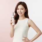Asian woman holding pink electric pedicure callus remover pen with confident smile, pink and white split background – lifestyle ad

