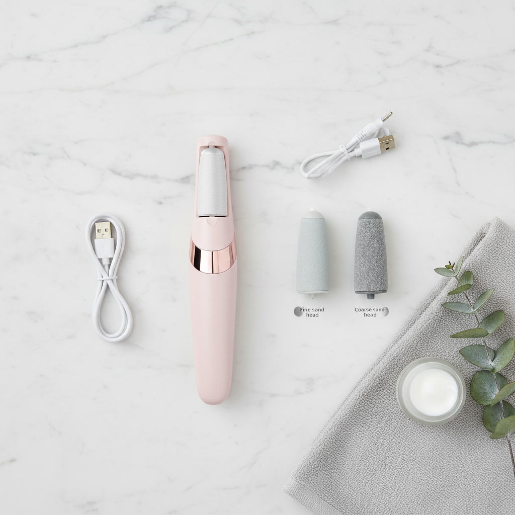 Pink electric callus remover with fine and coarse sand roller heads, USB charging cable, towel and cream on marble background – flat lay
