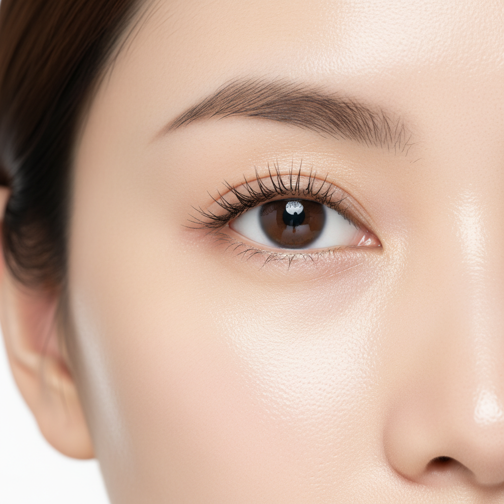 Beauty of Joseon Revive Eye Serum – Close-up of Asian woman's luminous glass skin eye area after Ginseng Retinal serum treatment
