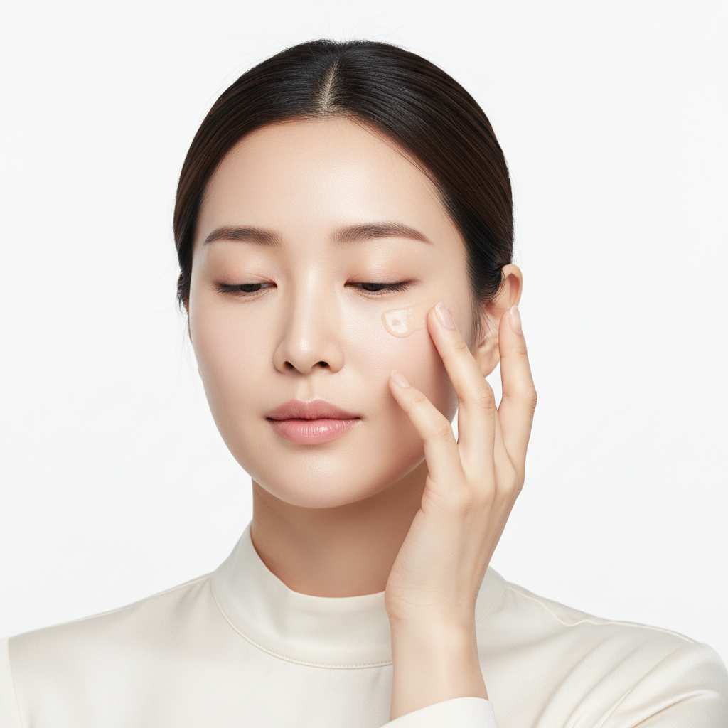 Beauty of Joseon Revive Eye Serum – Elegant Asian woman applying eye serum around eye contour, premium Korean beauty skincare routine
