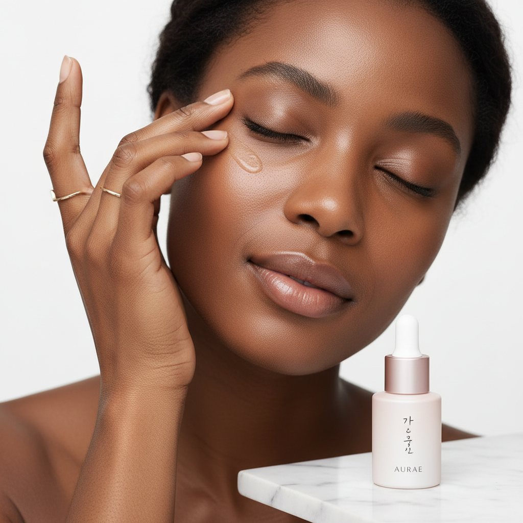 Beauty of Joseon Revive Eye Serum – Black woman gently applying eye serum around eye area, Korean anti-aging skincare routine
