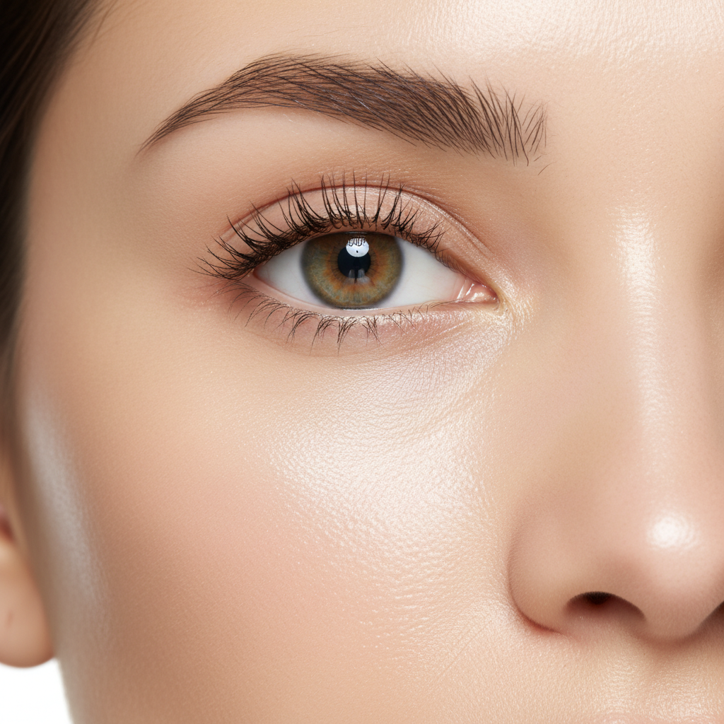 Beauty of Joseon Revive Eye Serum – Close-up of Western woman's bright smooth under-eye skin after Retinal Ginseng serum treatment

