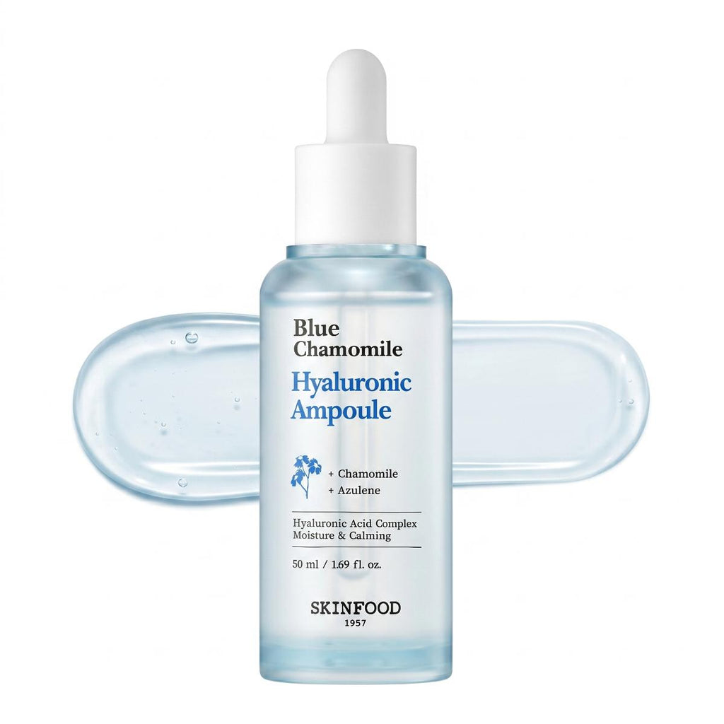 SKINFOOD Blue Chamomile Hyaluronic Ampoule 50ml light blue dropper bottle with blue gel swatch on white background

