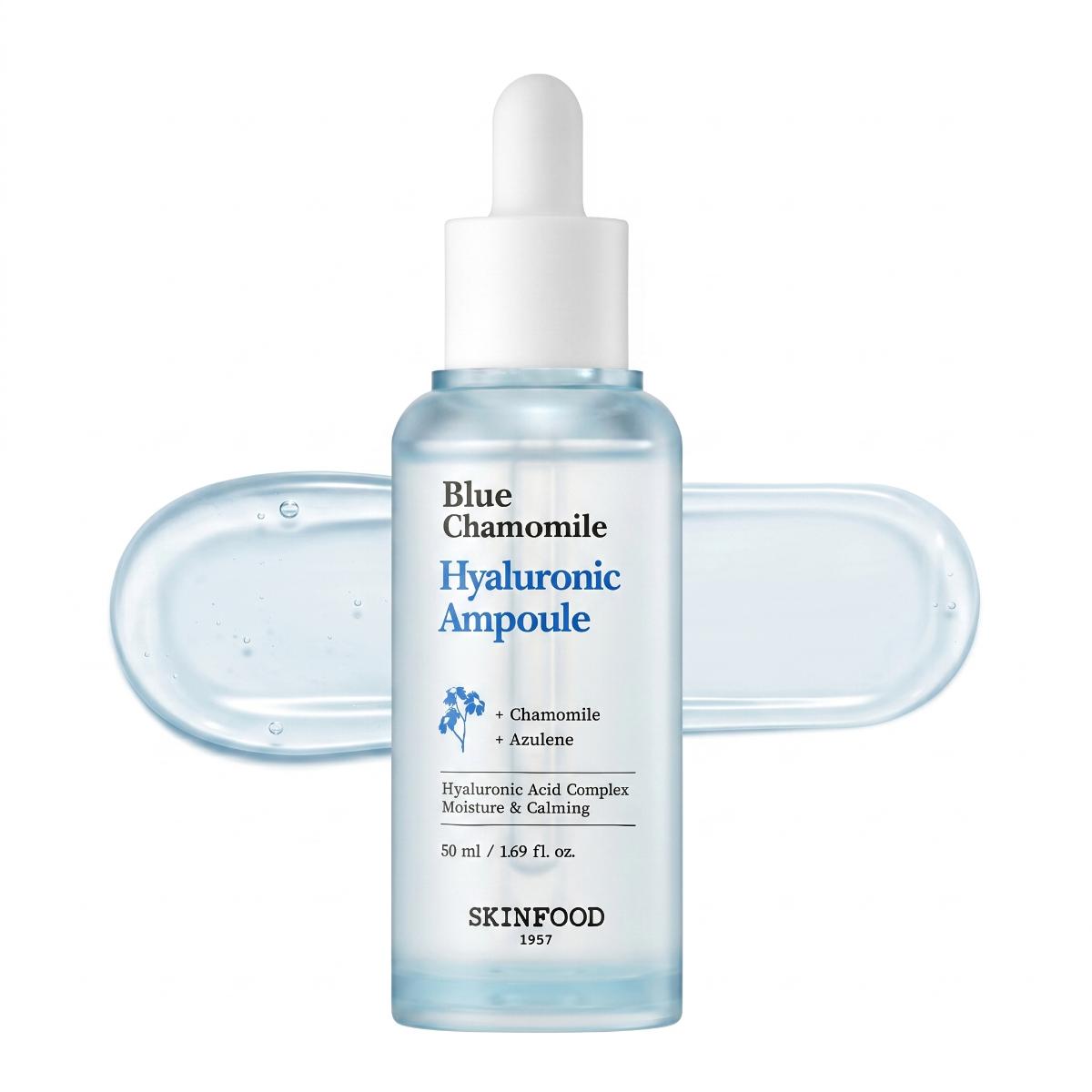 SKINFOOD Blue Chamomile Hyaluronic Ampoule 50ml light blue dropper bottle with blue gel swatch on white background
