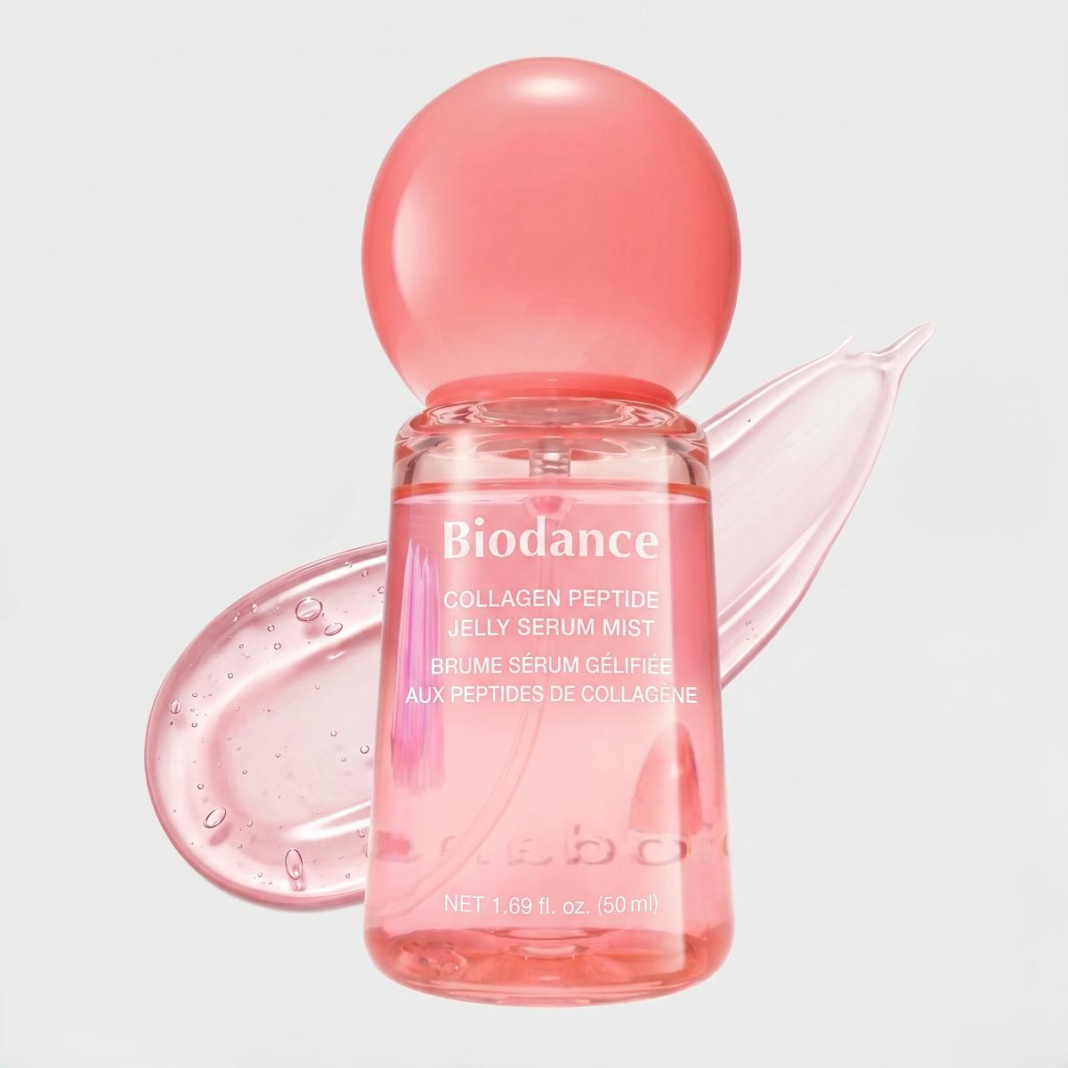 Biodance Collagen Peptide Jelly Serum Mist 50ml – clear pink bottle with round pink ball cap on white background
