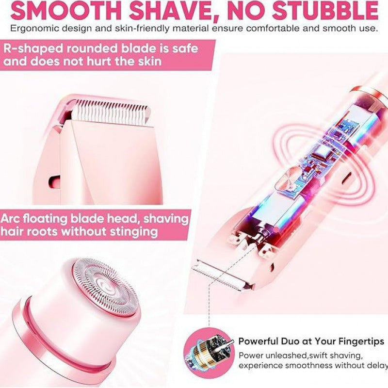 Close-up of R-shaped rounded blade and arc floating shaver head for smooth skin-safe hair removal
