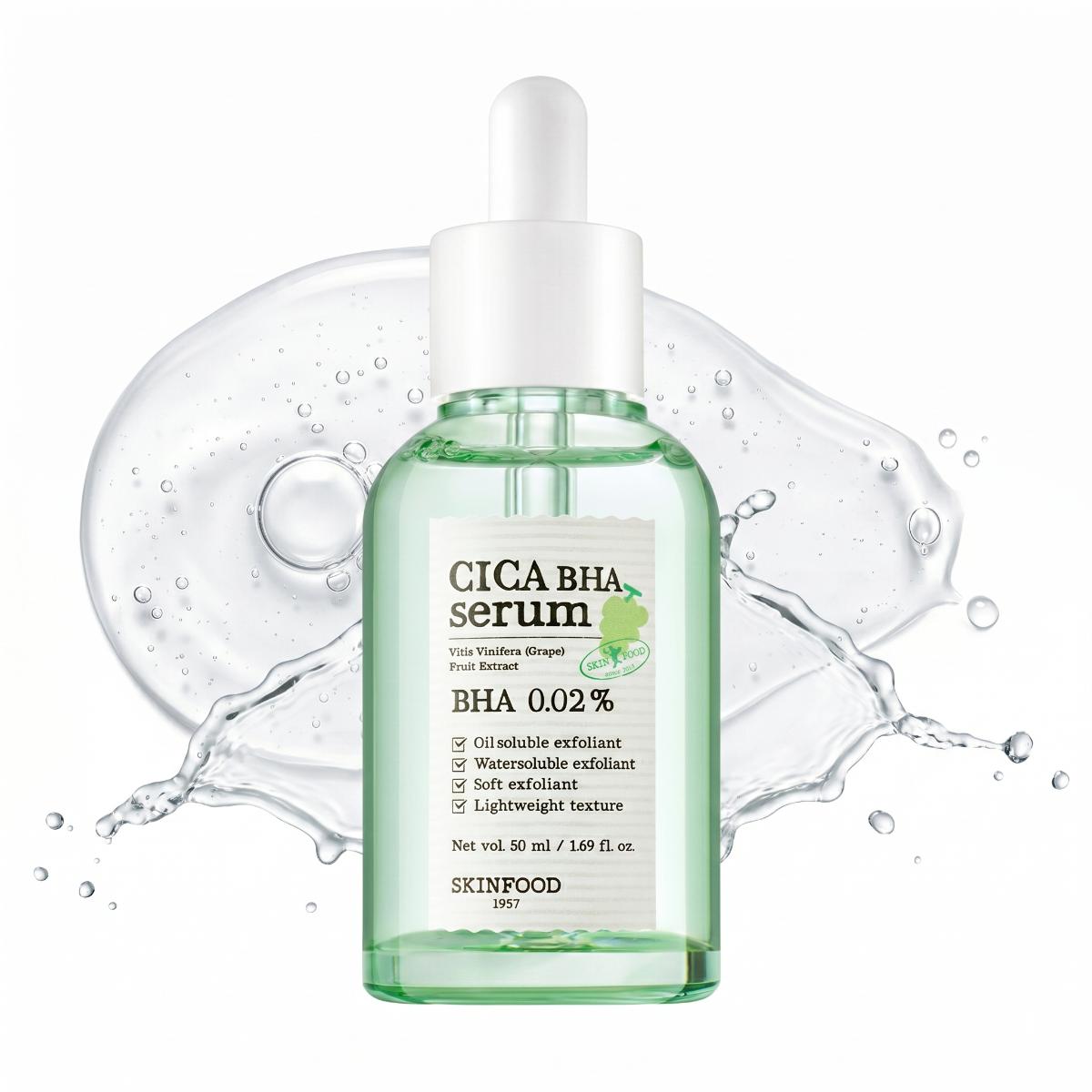 SKINFOOD Shine Muscat Cica BHA Serum 50ml green glass dropper bottle with white cap, K-beauty pore care serum
