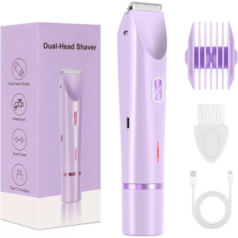 Violet rechargeable waterproof dual-head women's electric shaver with box, comb attachment, cleaning brush and USB-C cable
