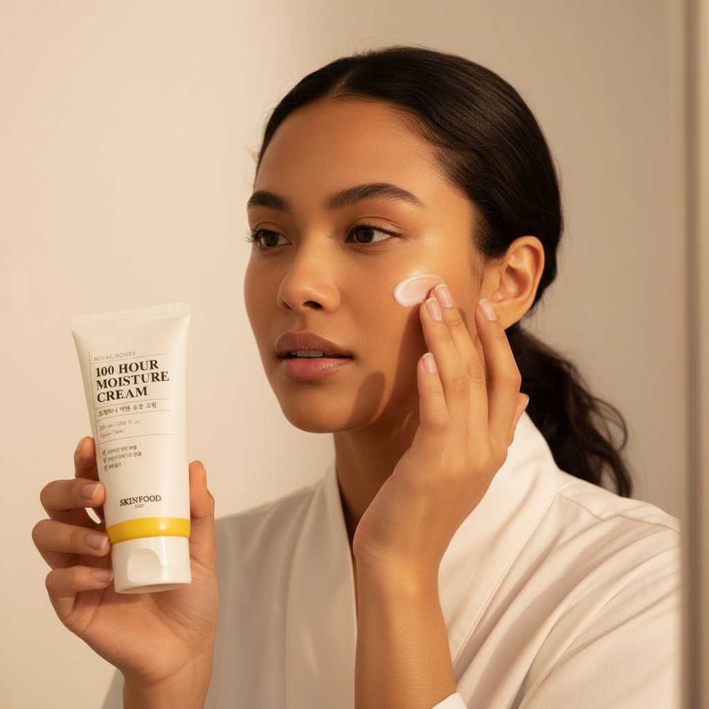Filipino woman applying SKINFOOD Royal Honey 100 Hour Moisture Cream to her face for deep hydration
