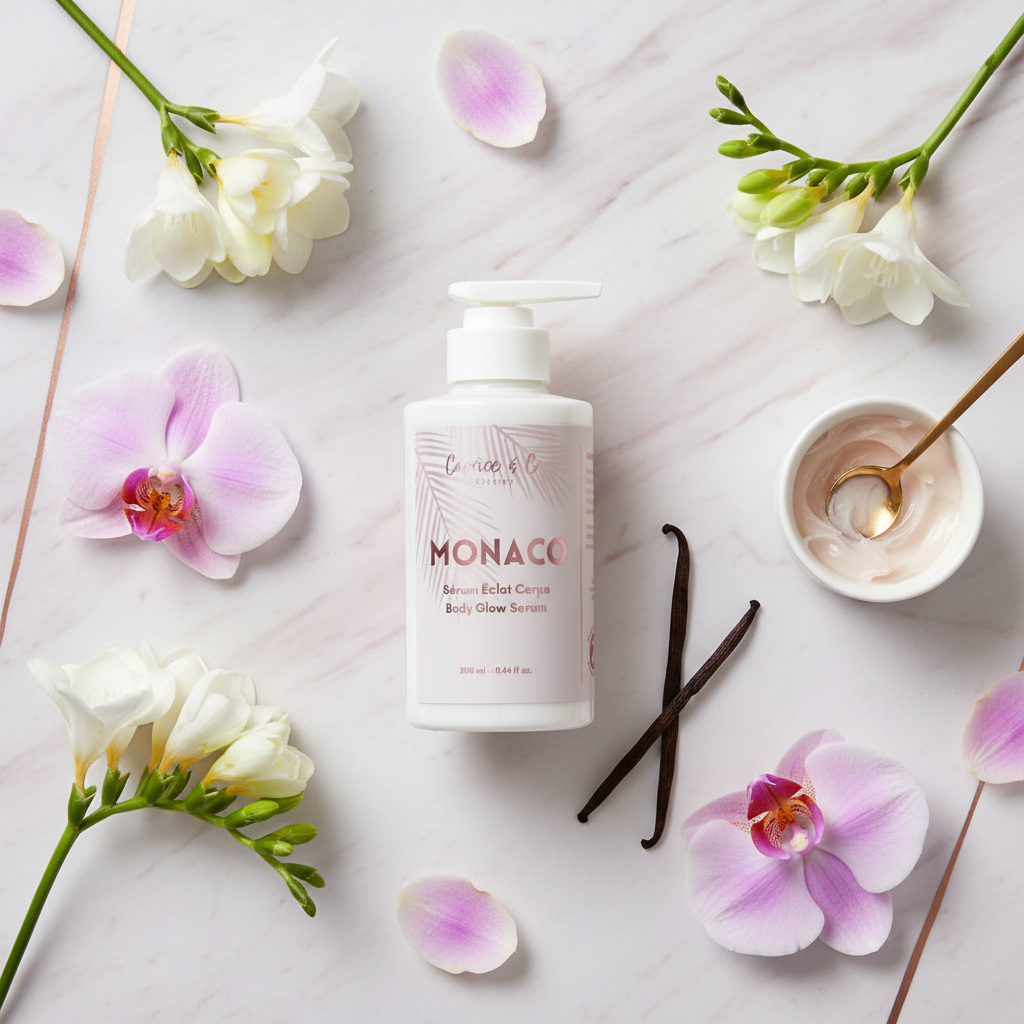 Monaco Body Glow Serum with white freesia, orchid petals and vanilla pods flat lay — luxury body serum
