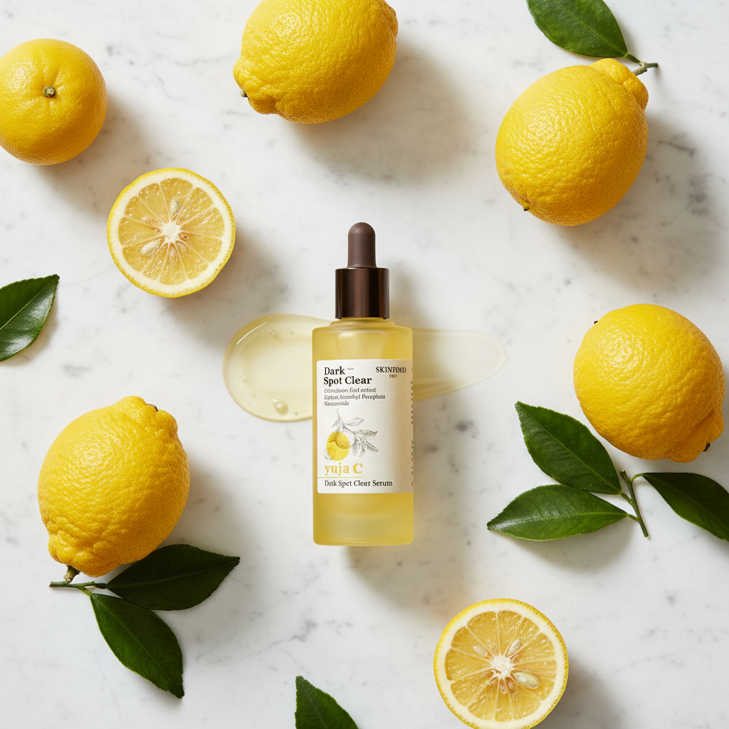SKINFOOD Yuja C Dark Spot Clear Serum with fresh yuzu fruits flat lay — Korean brightening skincare

