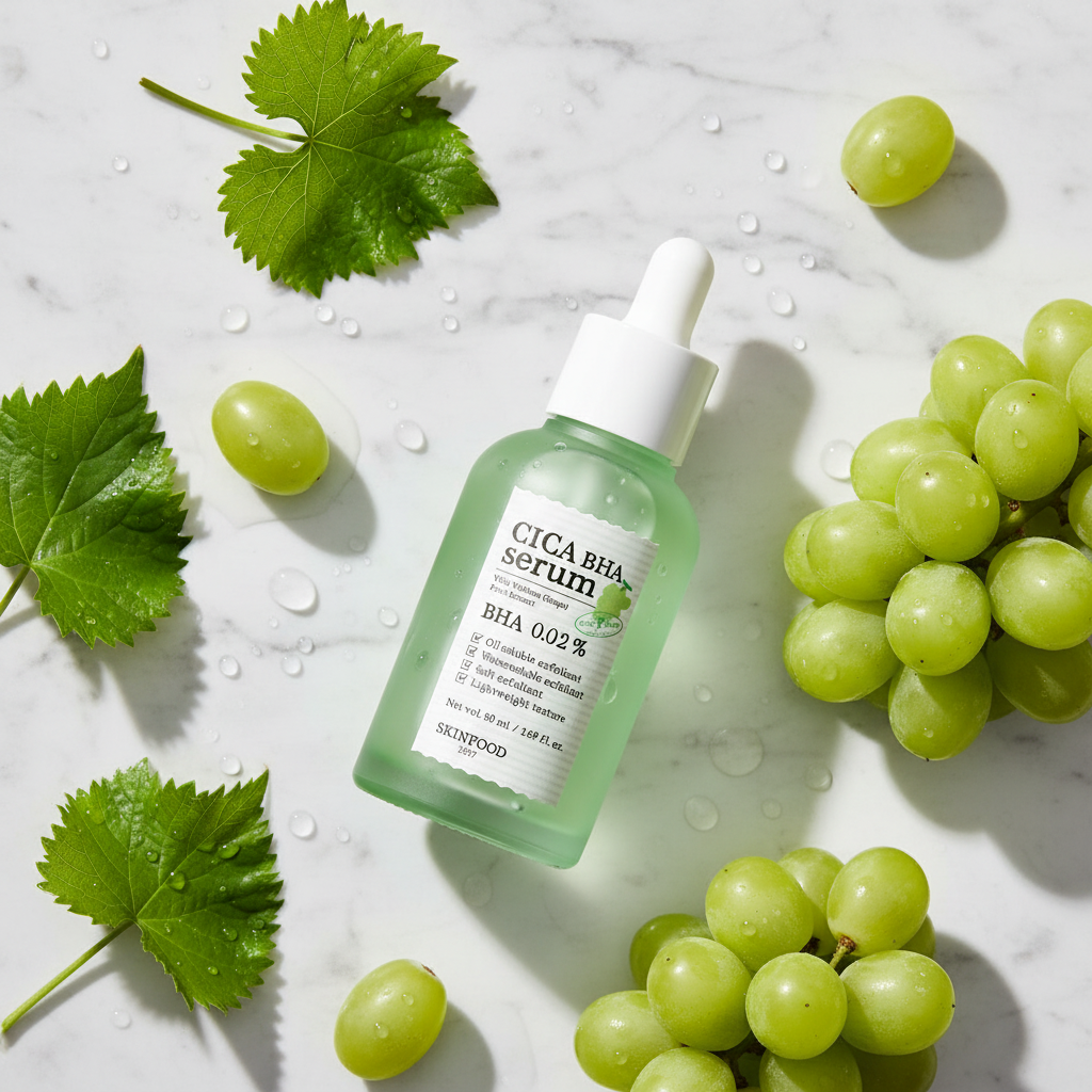 SKINFOOD Cica BHA Serum flat lay with muscat grapes and centella asiatica leaves, K-beauty skincare ingredients
