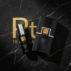 Platinum Lux Vitamin C Serum black and gold luxury bottle flat lay on dark marble surface with gold dust particles, premium anti-aging brightening serum editorial photography
