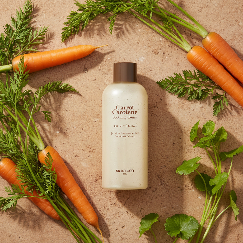 SKINFOOD Carrot Carotene Soothing Toner with fresh carrots carrot leaves and botanical ingredients flat lay
