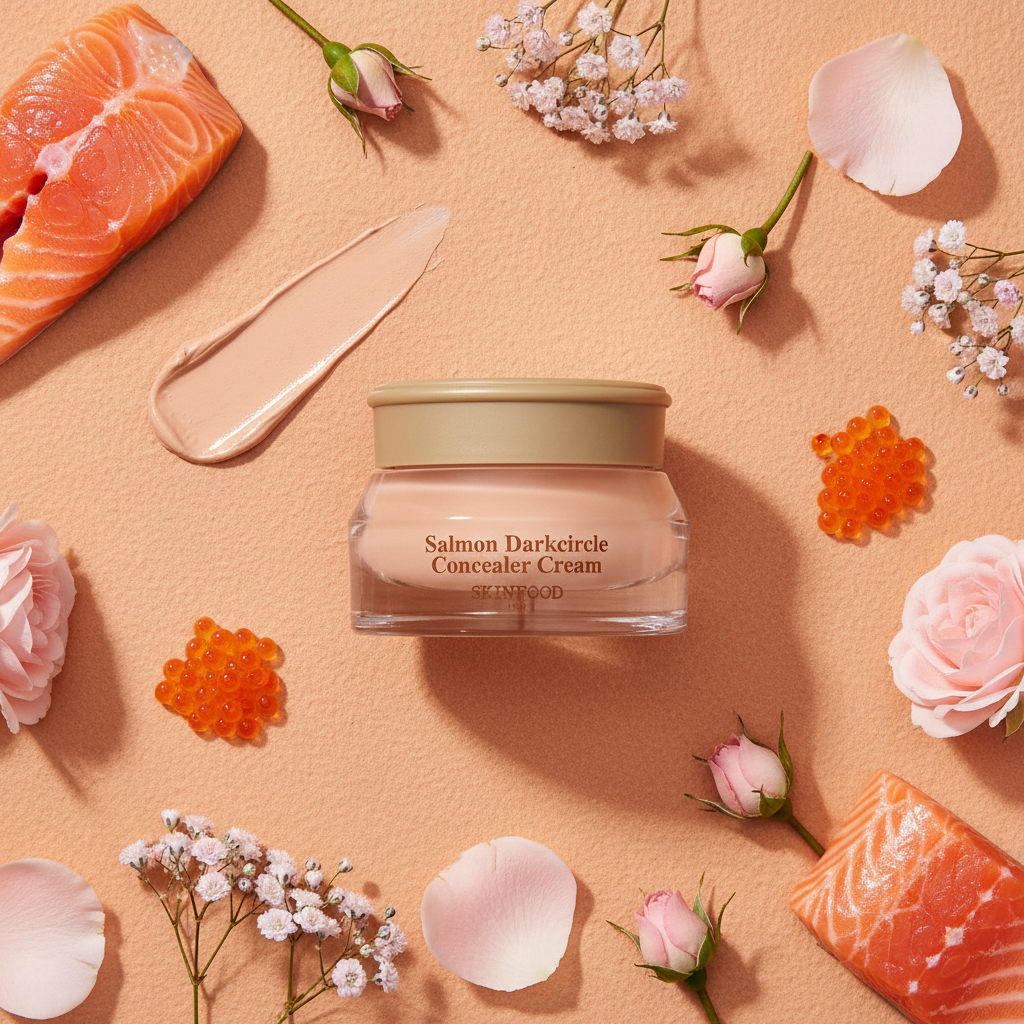 SKINFOOD Salmon Dark Circle Concealer Cream with fresh salmon and salmon roe nourishing ingredients flat lay
