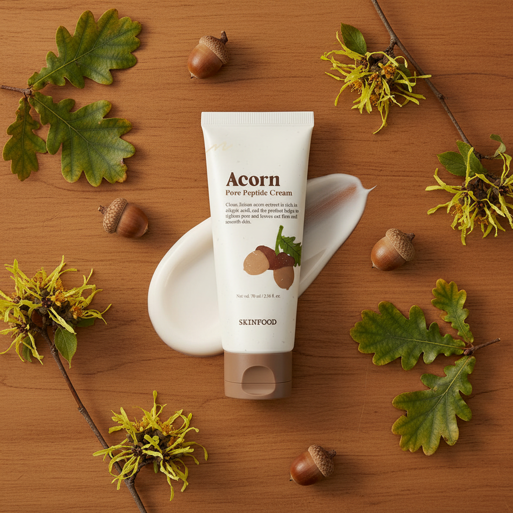 SKINFOOD Acorn Pore Peptide Cream with fresh acorns oak leaves and witch hazel botanical ingredients flat lay
