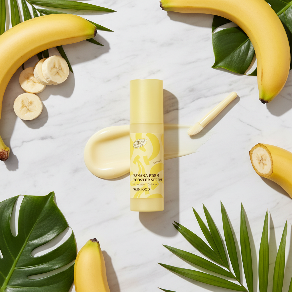 SKINFOOD Banana PDRN Booster Serum flat lay with fresh bananas and tropical leaves, K-beauty skincare ingredients editorial
