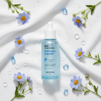 SKINFOOD Blue Chamomile Hyaluronic Ampoule with blue chamomile flowers and azulene botanical ingredients flat lay
