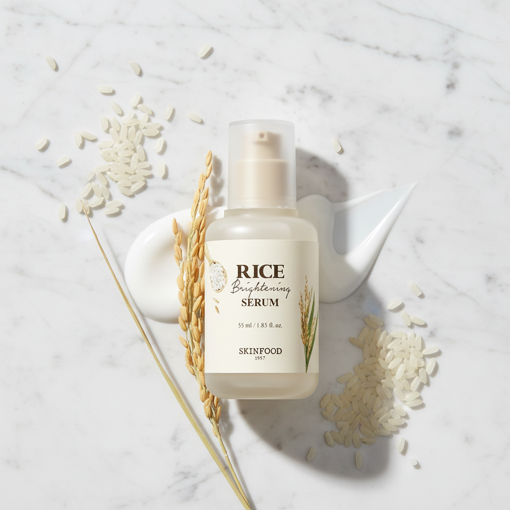 SKINFOOD Rice Brightening Serum flat lay with rice grains and rice stalks on marble surface, K-beauty brightening skincare ingredients
