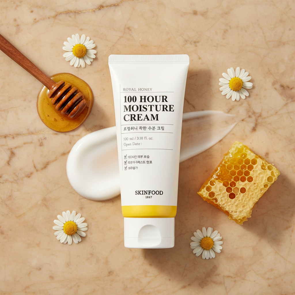 SKINFOOD Royal Honey 100 Hour Moisture Cream with honeycomb honey dipper and chamomile flowers flat lay

