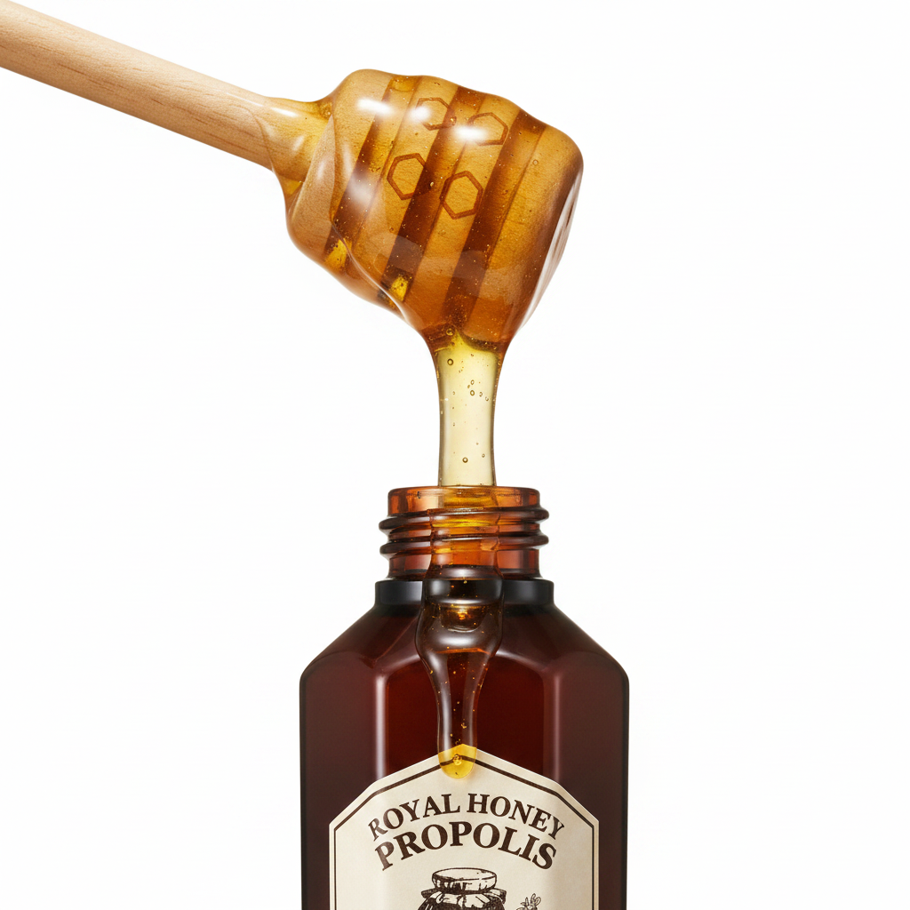 Golden honey drizzle on SKINFOOD Royal Honey Propolis Toner bottle — nourishing skincare ingredient
