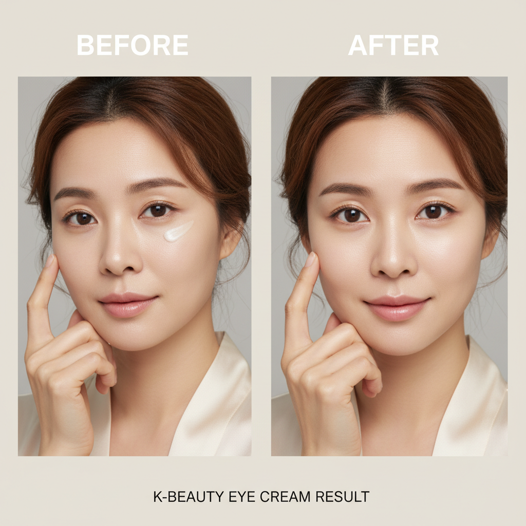 COSRX Advanced Snail Peptide Eye Cream 25ml – Asian model BEFORE and AFTER showing dark circle reduction and firmer under-eye skin after eye cream treatment
